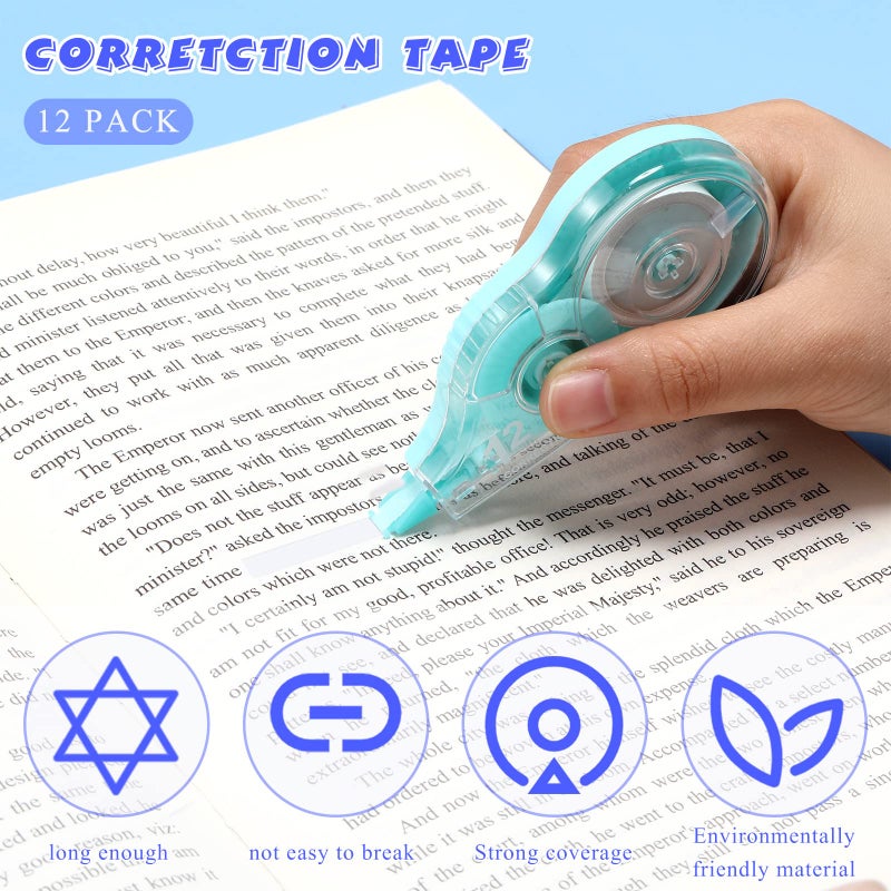 Yexiya 12 Pcs Correction Tape Eraser 0.2 Inch x 39.4 Feet White Tape Original Correction Wide Tape Easy to Use Applicator for Student Study Supply Office Product School Homework(Rainbow Color) - Image 5